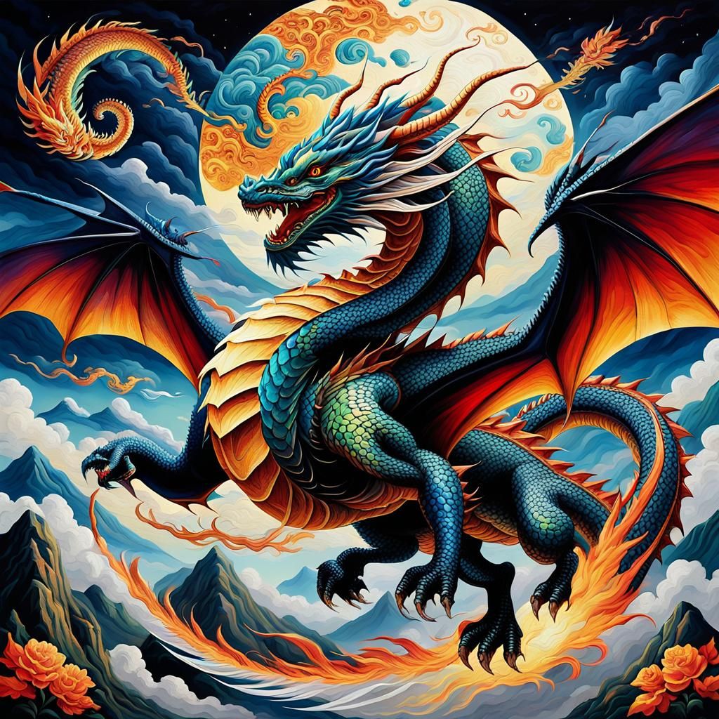 A majestic dragon soaring through the sky in a vibrant Temar...