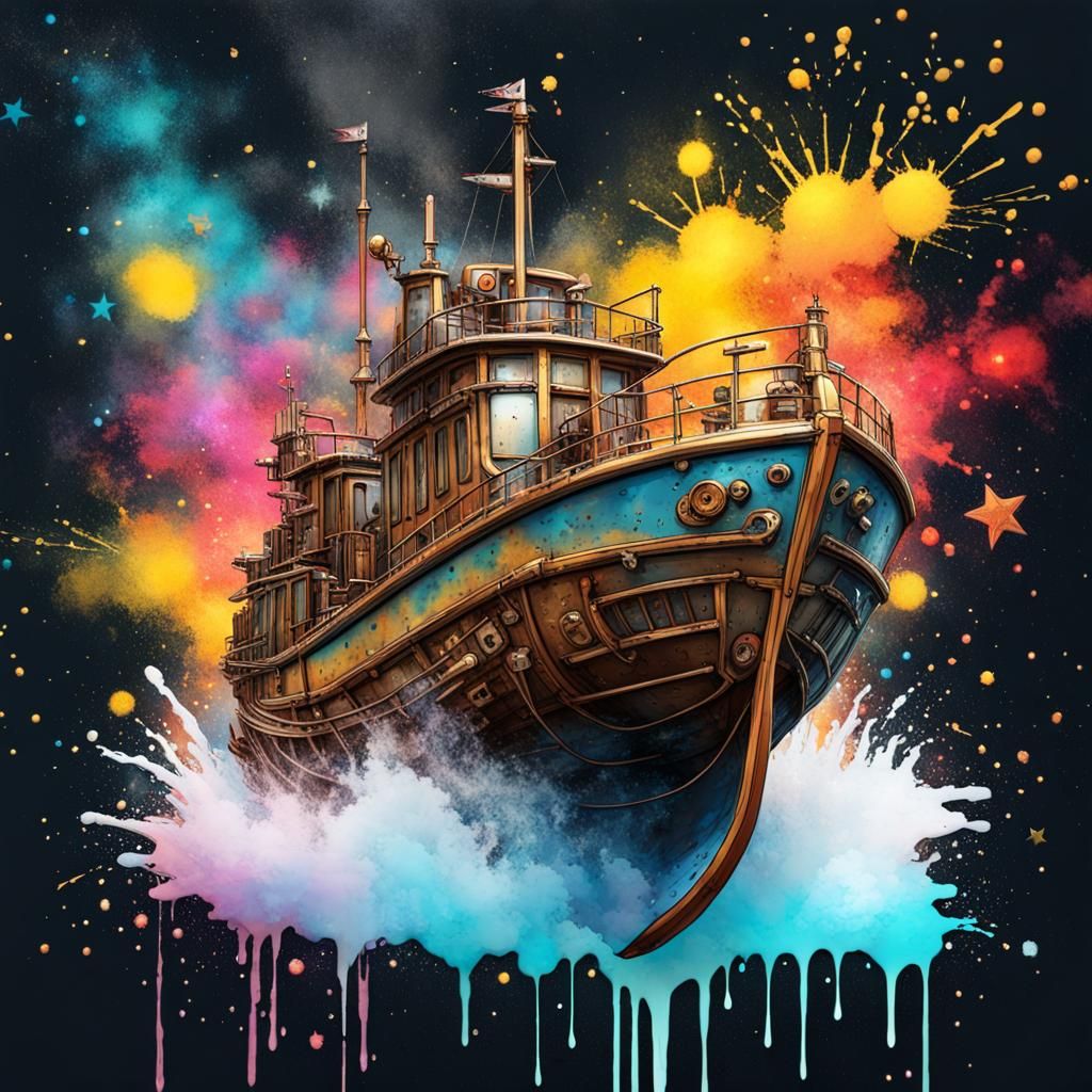 Steampunk Boat Soaring Through Melting Starry Sky