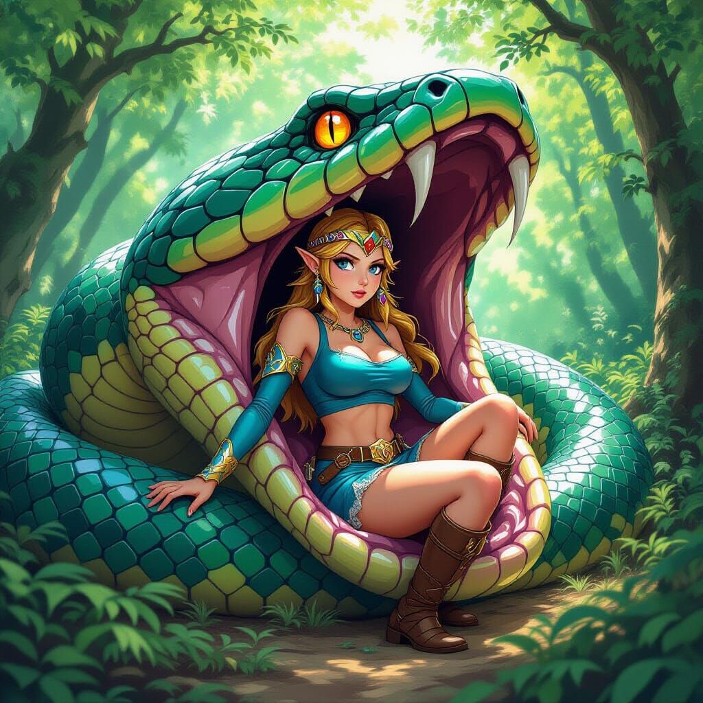 Princess Zelda Trapped in Snake's Mouth, Hyperrealistic Art