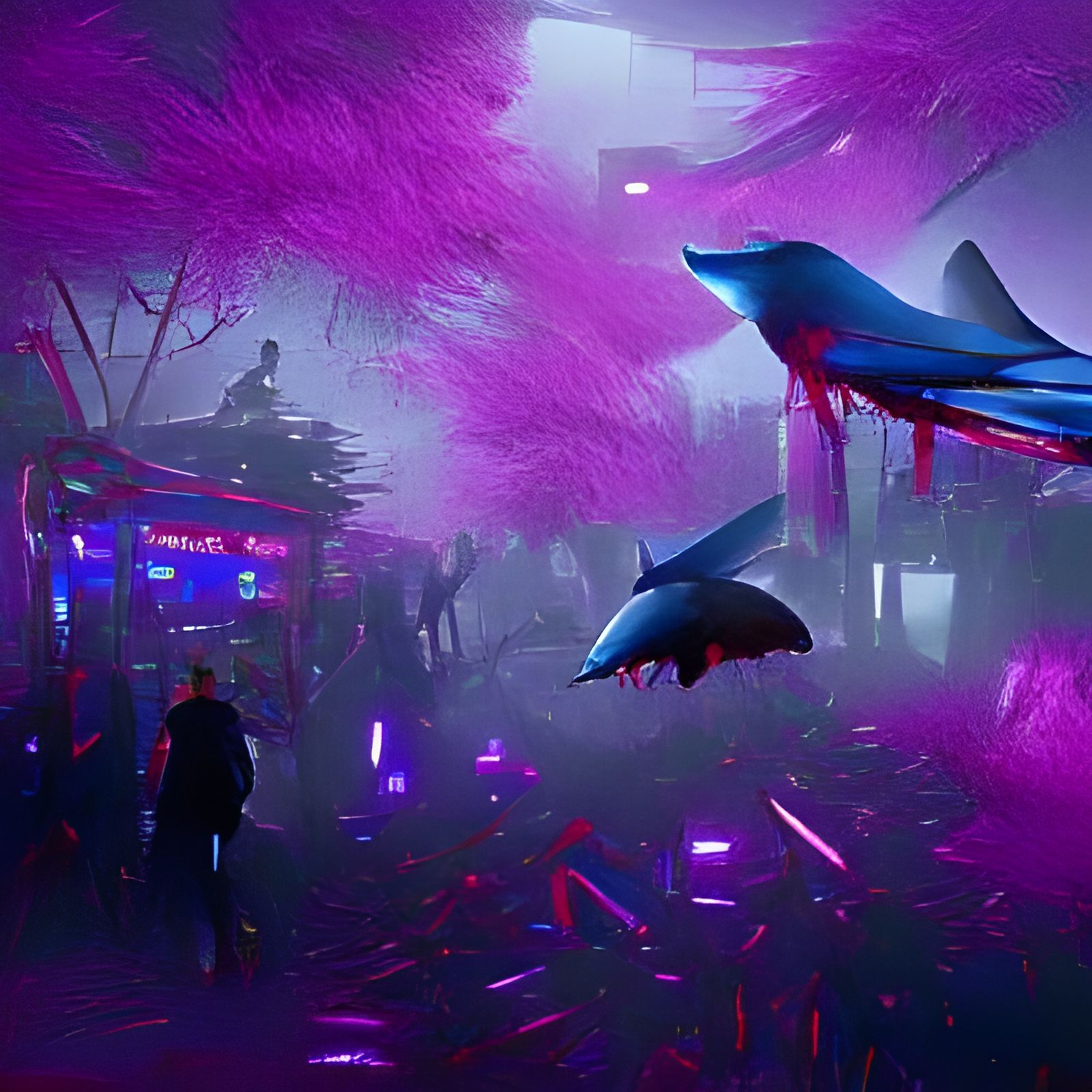Cyberpunk Candy Forest with Flying Shark