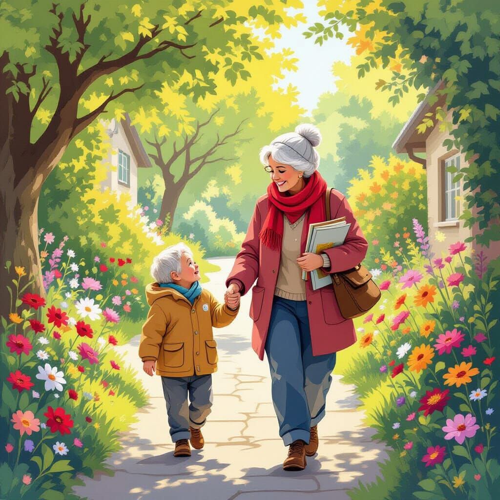 Caregiver and Old Man in Whimsical Children's Illustration