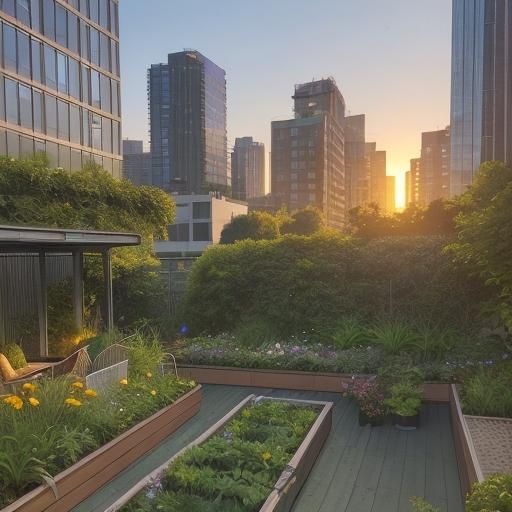Rooftop Garden Oasis with Brontosaurus at Sunset