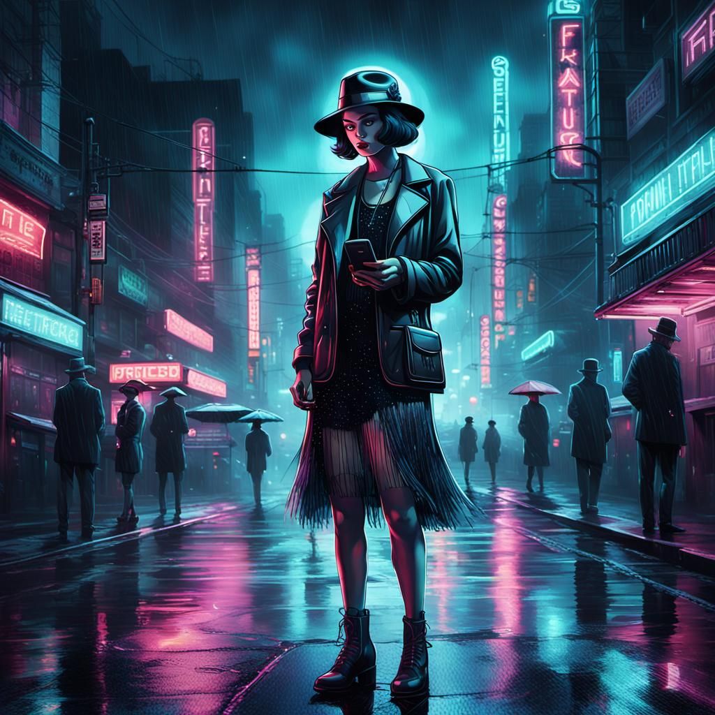 Cyberpunk Woman with iPhone in Rainy Cityscape