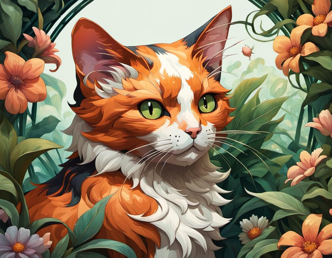 Calico Cat Pokemon Portrait in Art Nouveau Style