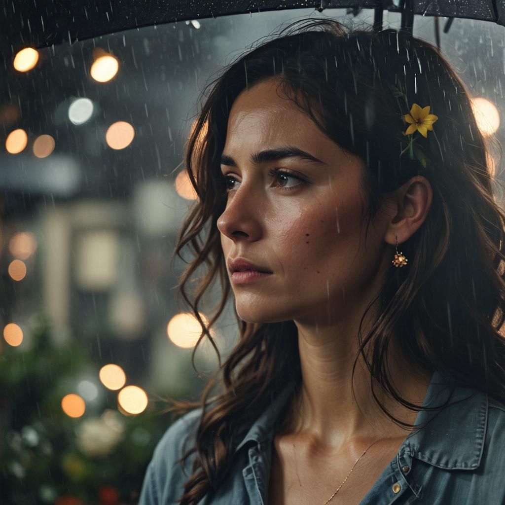 Melancholic Portrait in Rain, Cinematic Film Still