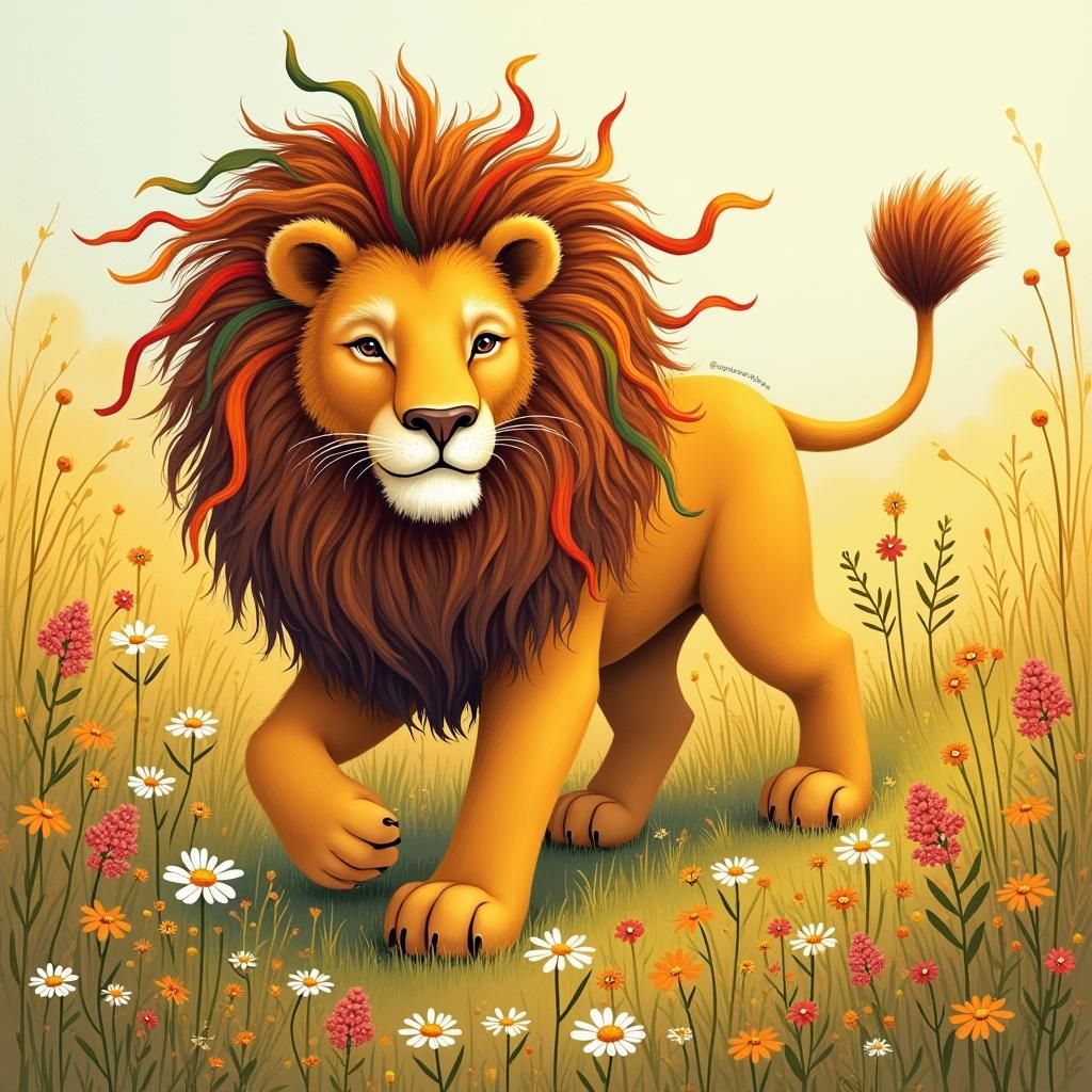 Lion with Ribbons in Wildflower Field