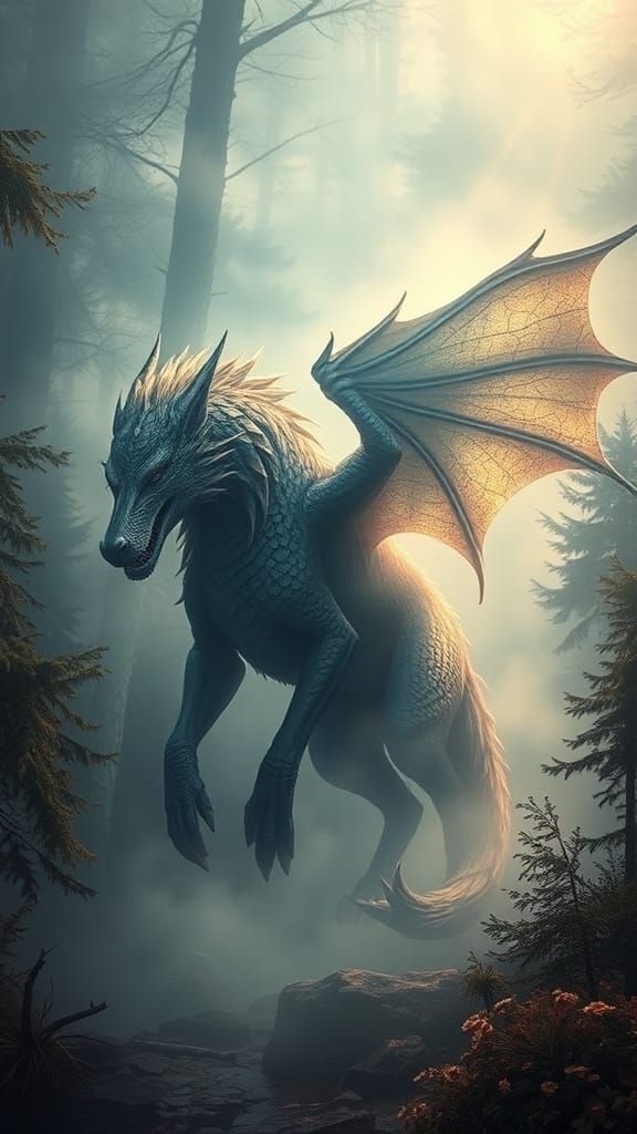 Majestic Dragon-Werewolf Hybrid in Mystical Forest
