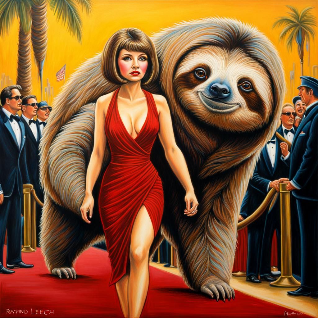Sloth Movie Star on Red Carpet, Oil Pastel Art