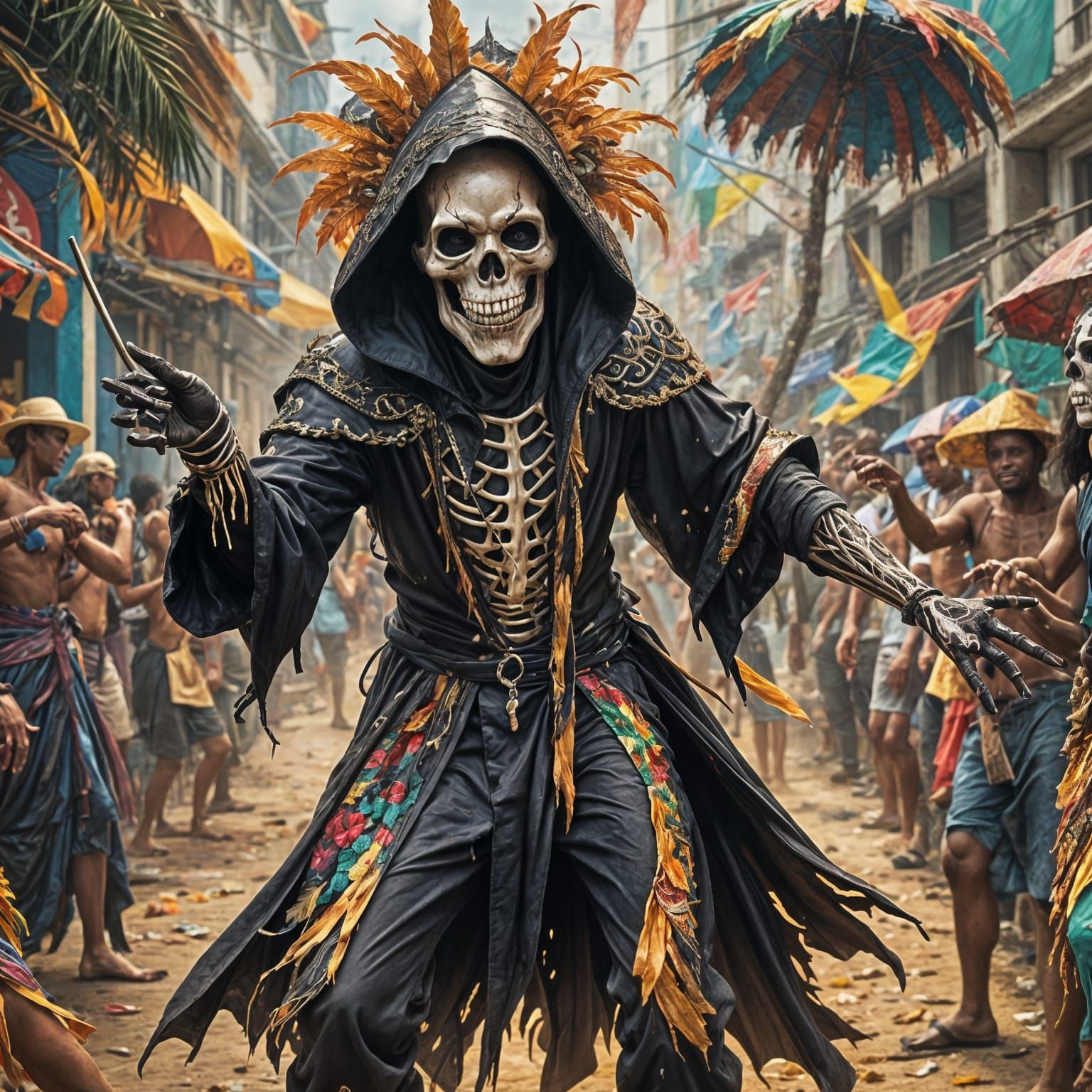 Grim Reaper Samba in Rio: Hyperrealistic Splash Art