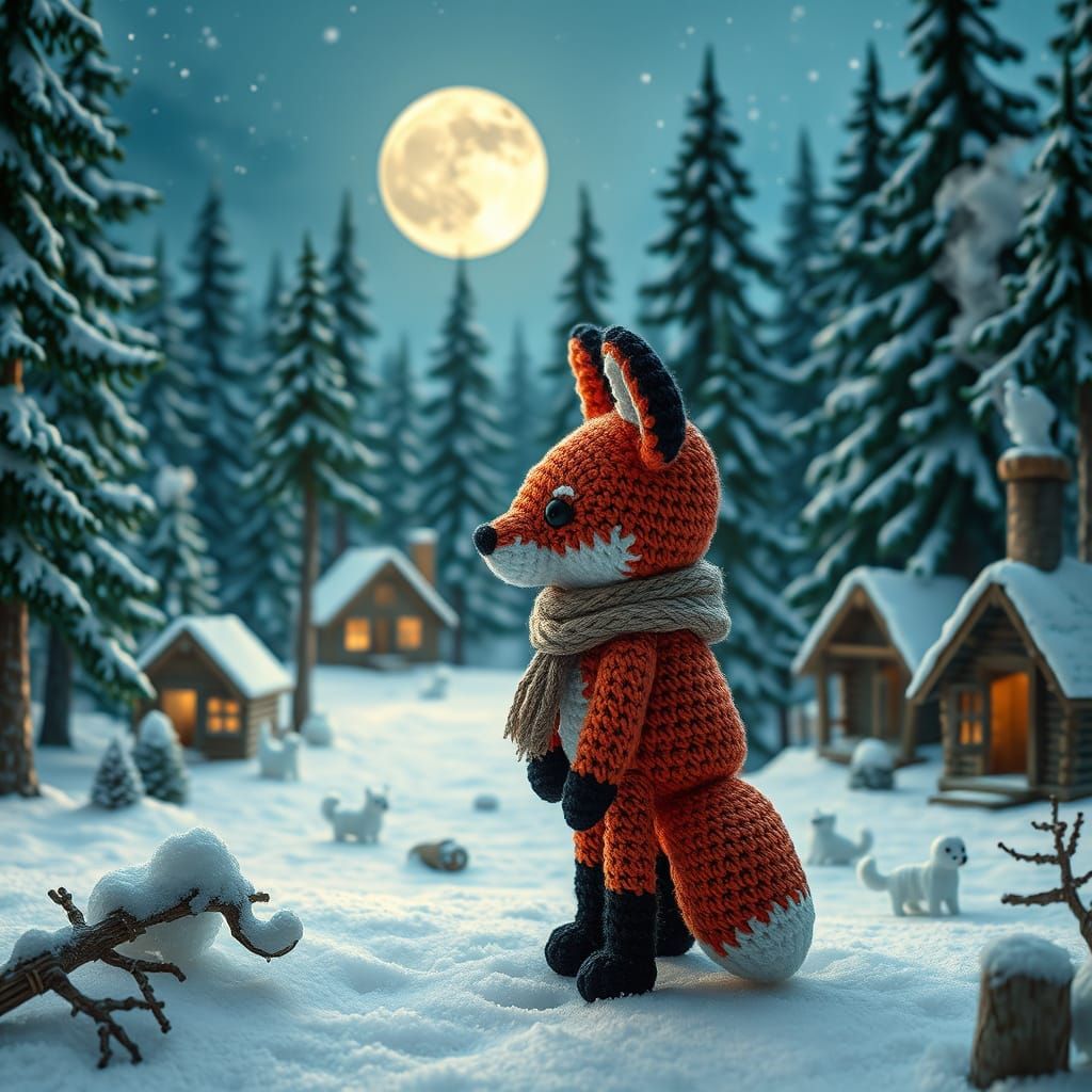 Amigurumi Fox in Winter Forest, Storybook Illustration