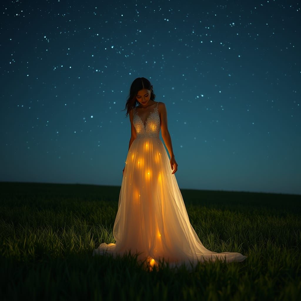 Ethereal Lady in Glowing Gown Under Starlit Sky