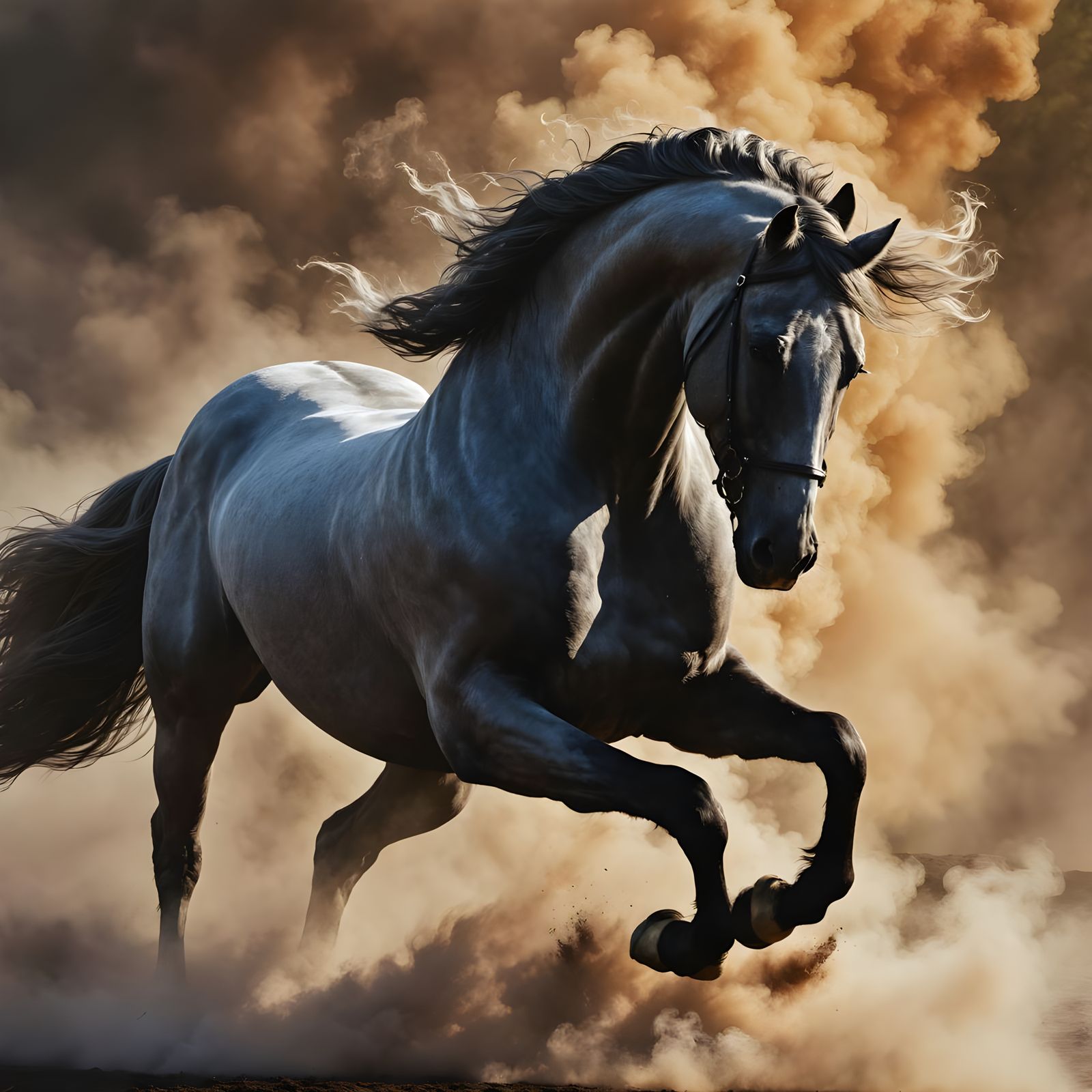 Percheron Stallion Running Through Colored Smoke