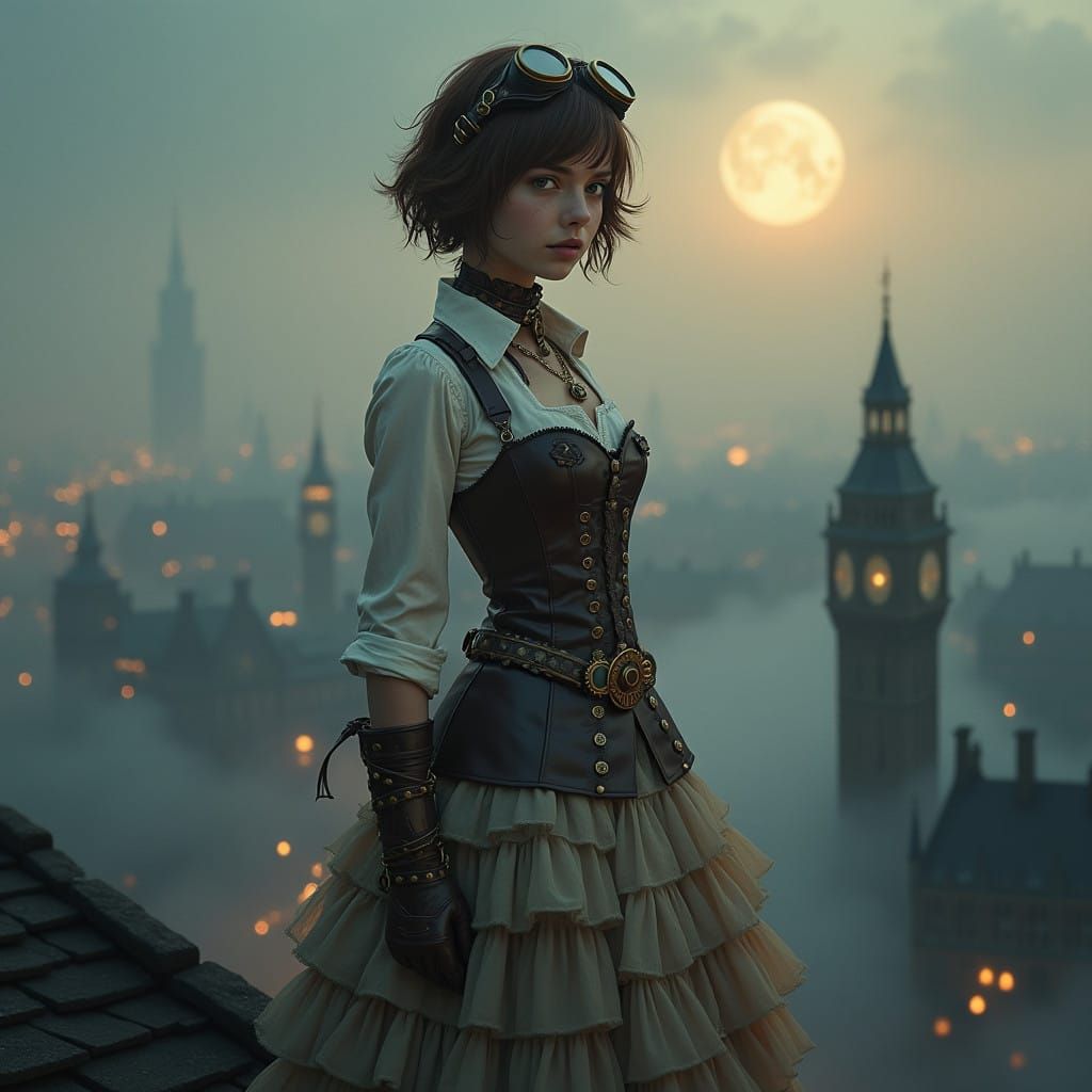 Steampunk Victorian Girl Stands atop Foggy London Rooftop