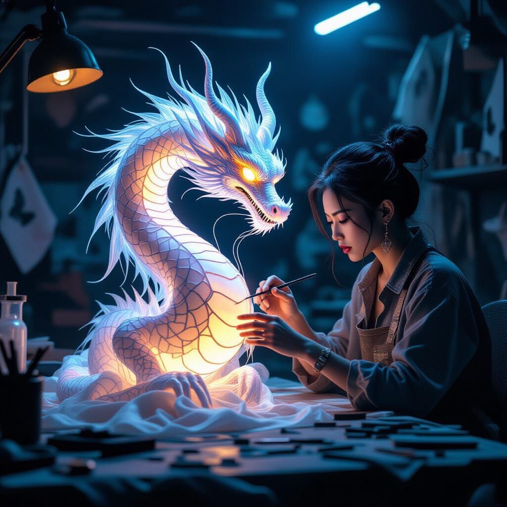 Asian Punk Artist Crafts Silk Dragon Sculpture in Giger Styl...