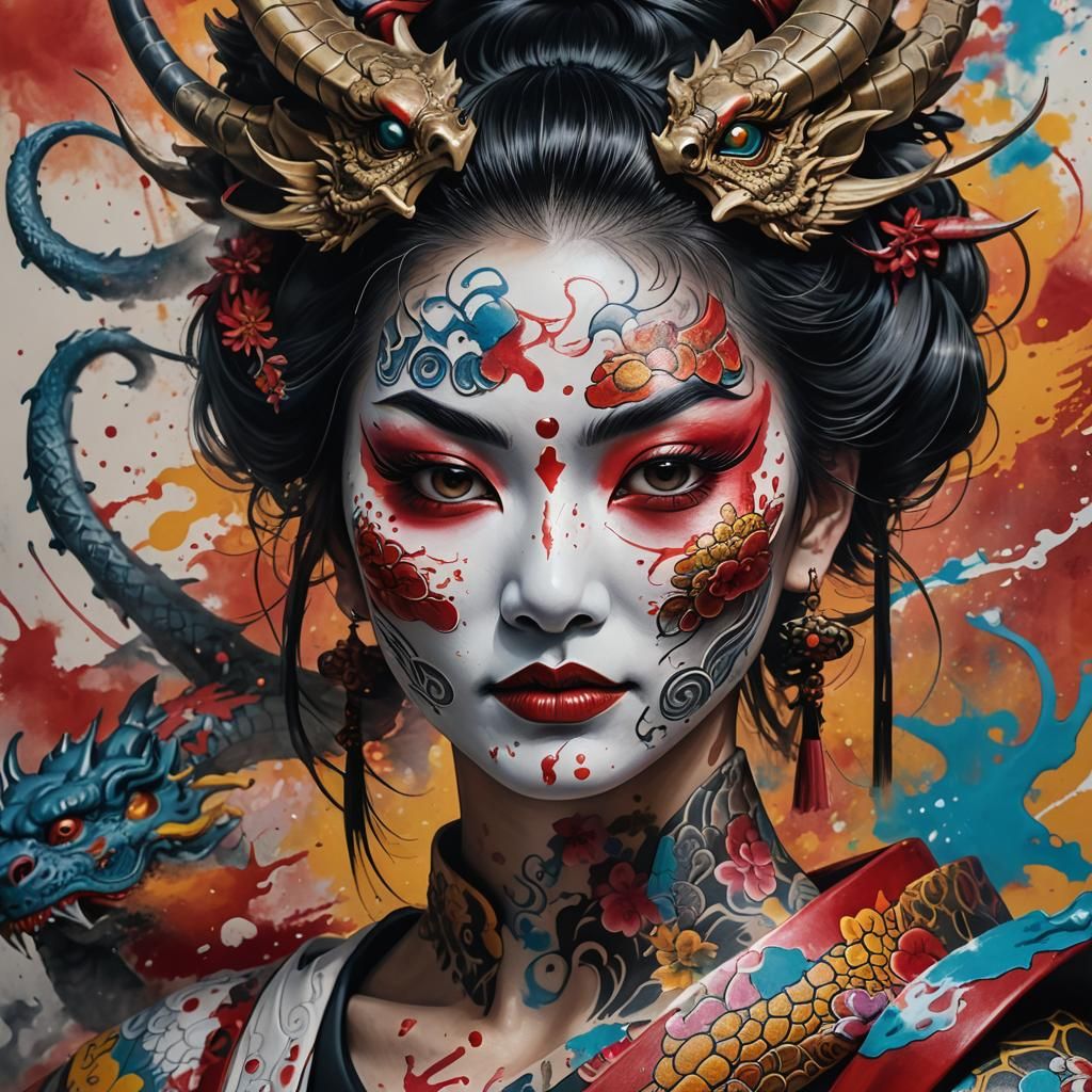Geisha with Oni Mask in Hyperrealistic Splash Art