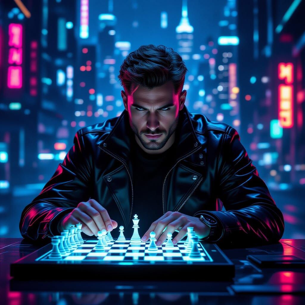 Lonely Cyberpunk Chess Player in Futuristic Cityscape