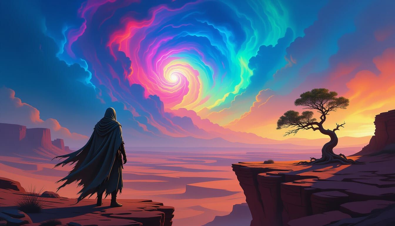 Elf Wanderer on Alien Desert Cliff in Nebula Sky