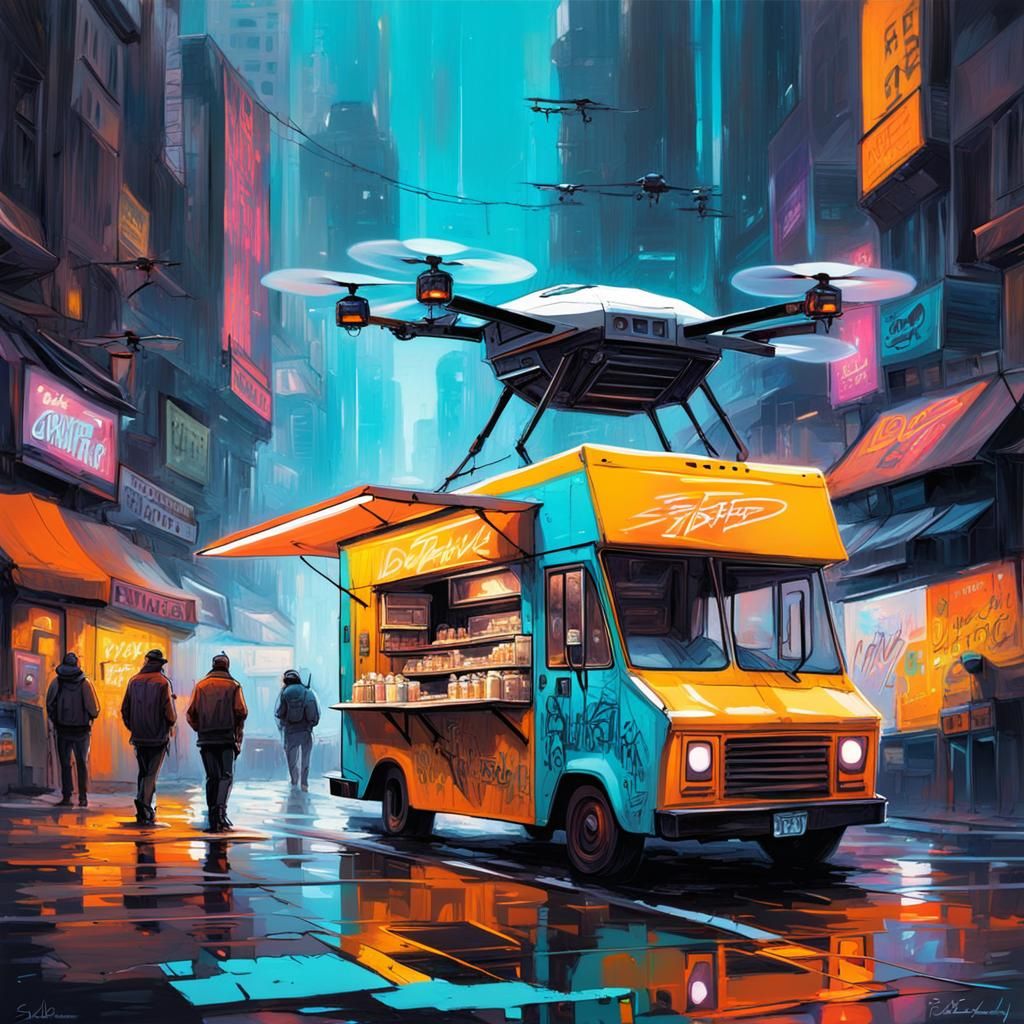 Futuristic Food Truck with Drone Delivery in Vivid Colors