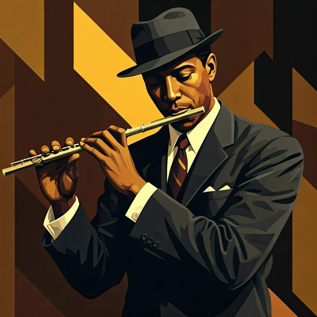 Jazz Flutist Fragmented in Geometric Cubist Style