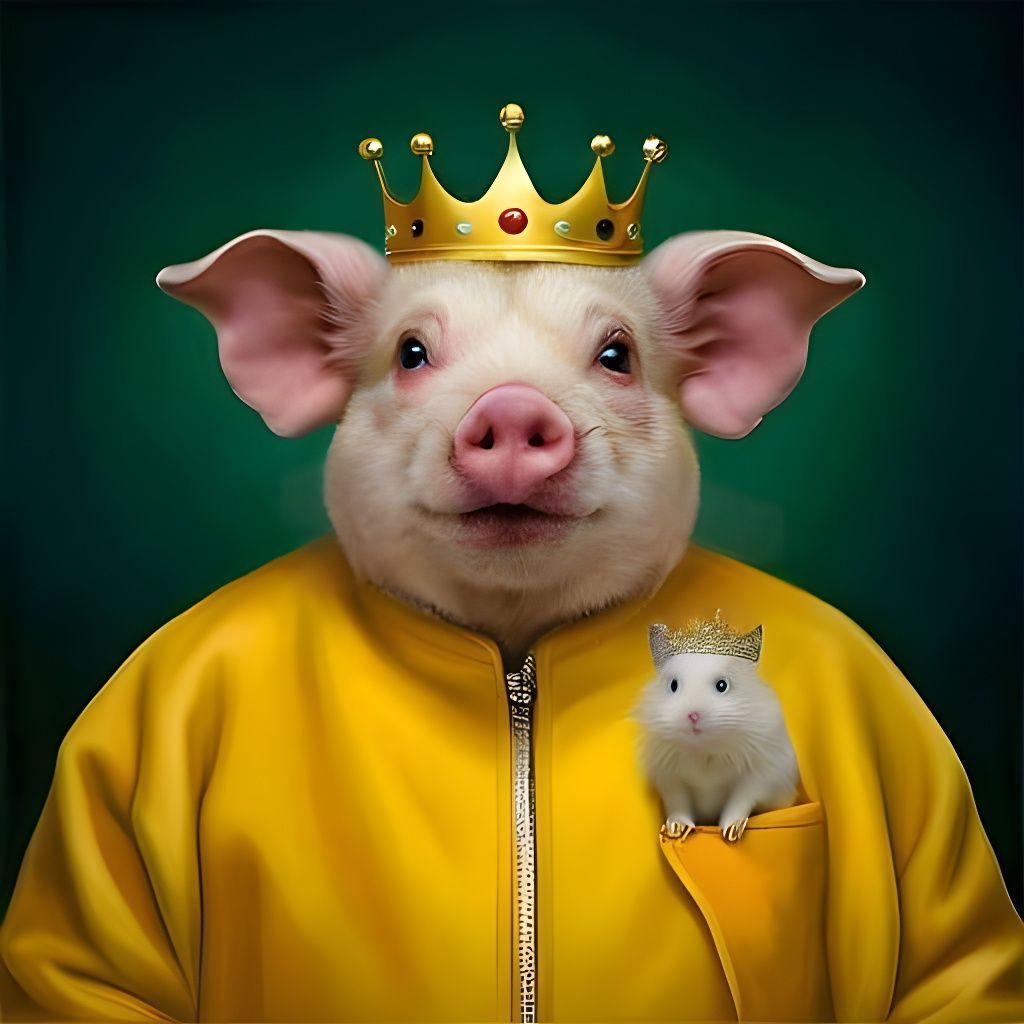 Glitter Demon Pig King with Hamster, Hyperrealistic Photo