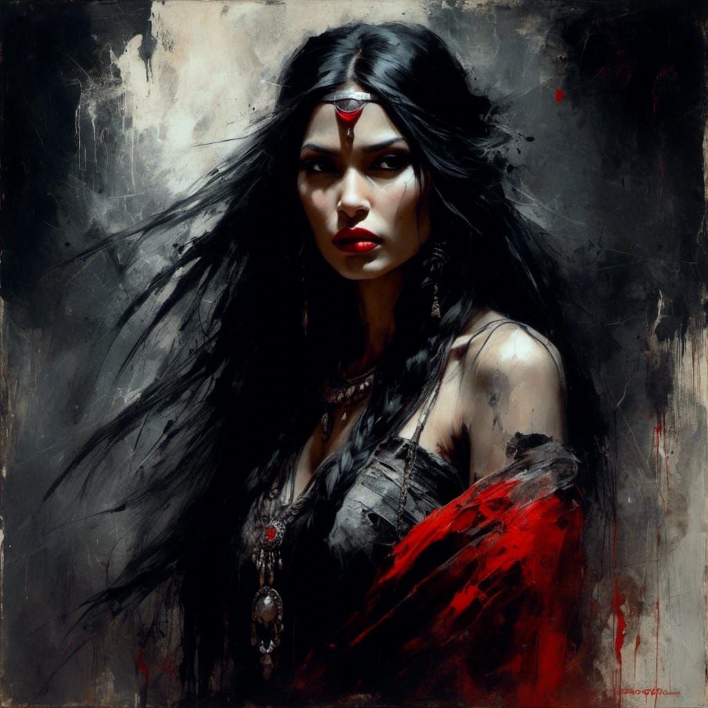 Gothic Noir Vampire Pocahontas in Oil Paint