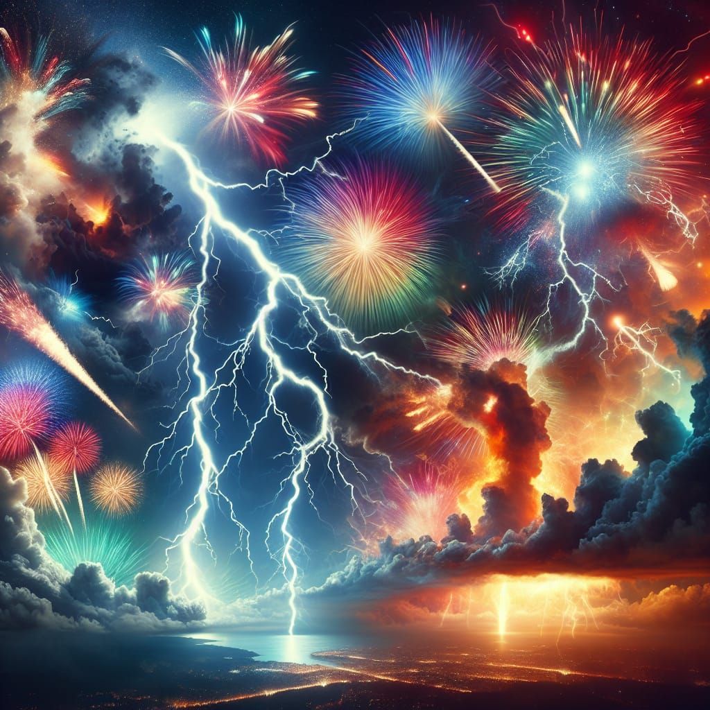 Dramatic Lightning Strikes Amidst Fireworks Display