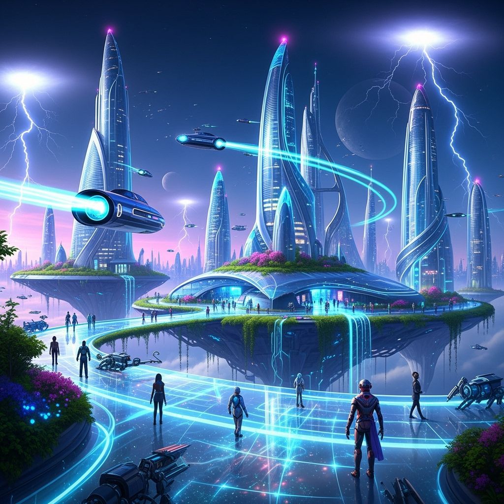 Futuristic Floating City With Neon Skyscrapers