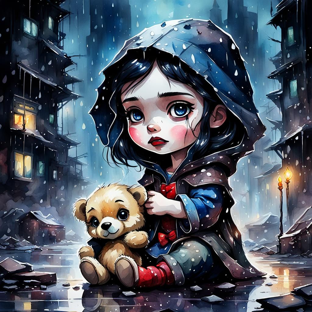 Snow White Cries in Cyberpunk Cityscape