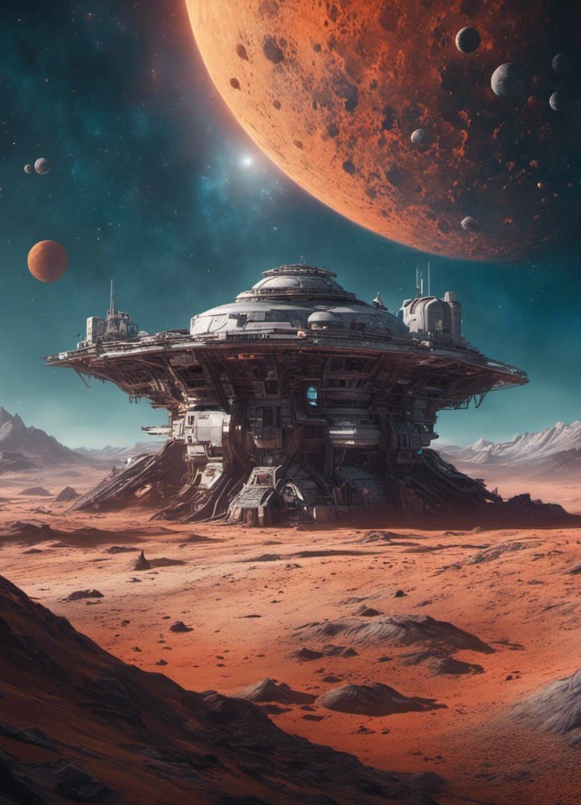 Fantasy Moon Outpost in Hyperrealistic Splash Art