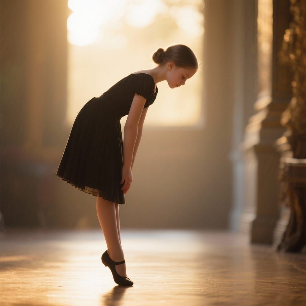 Photorealistic Girl Performing Graceful Curtsy in Golden Hou...