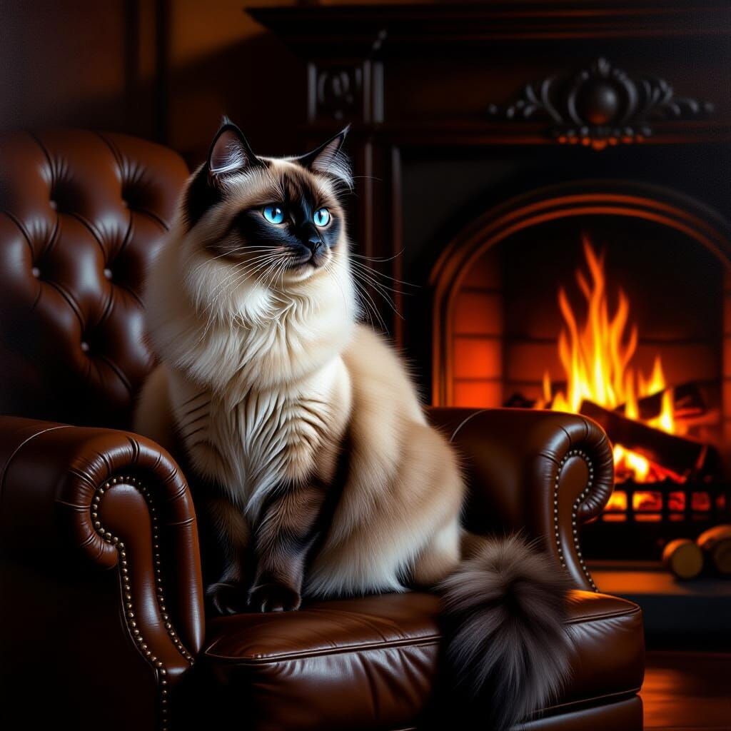 Majestic Siamese Cat on Leather Chair by Fireplace