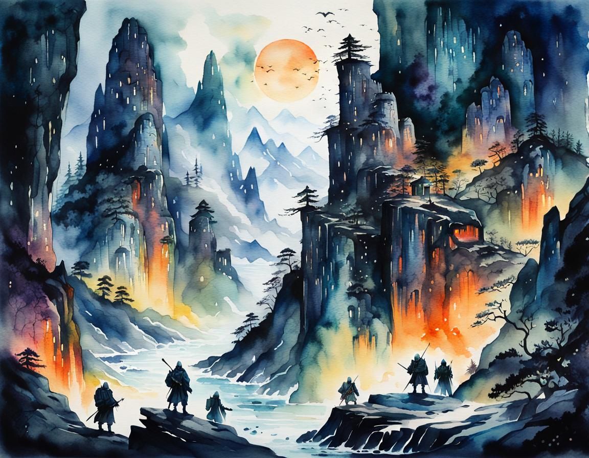 Ominous Cliffs: A Dark Fantasy Watercolor Landscape