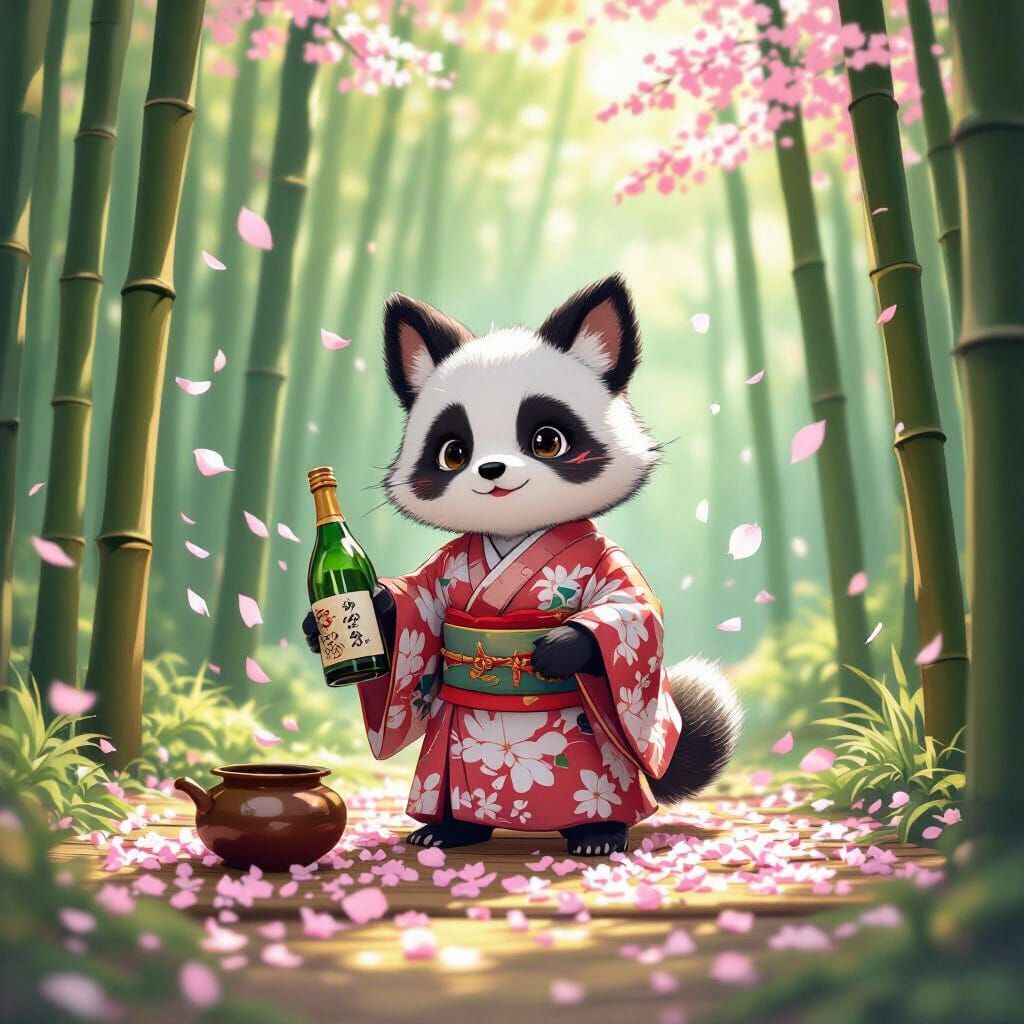 Tanuki Spirit Disrupts Tea Ceremony in Ghibli Style