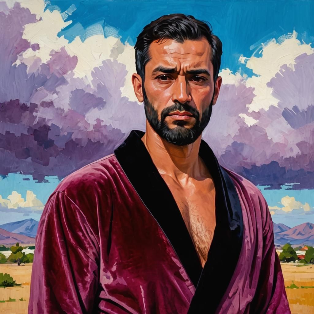 Sad Man in Red Velvet Robe: Impasto Gouache Painting