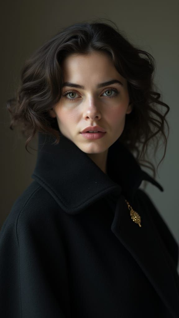 Elegant Woman in Dark Coat with Glistening Curls