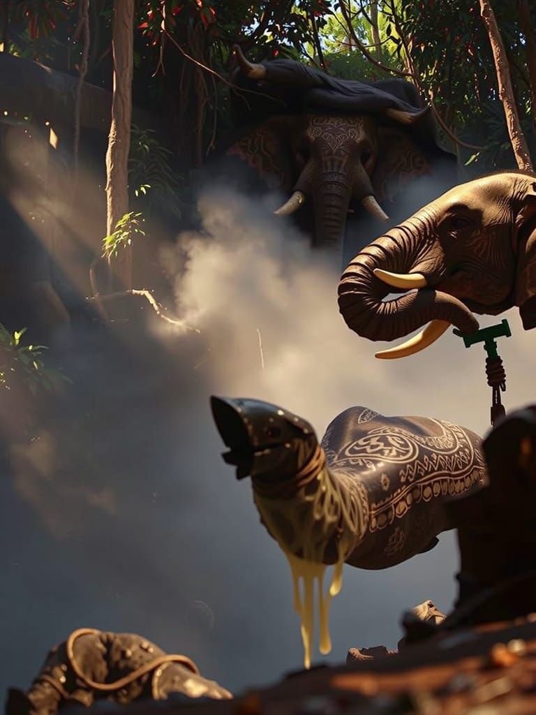 Majestic Tribal Elephant in Ancient Rainforest, Hyperrealist...