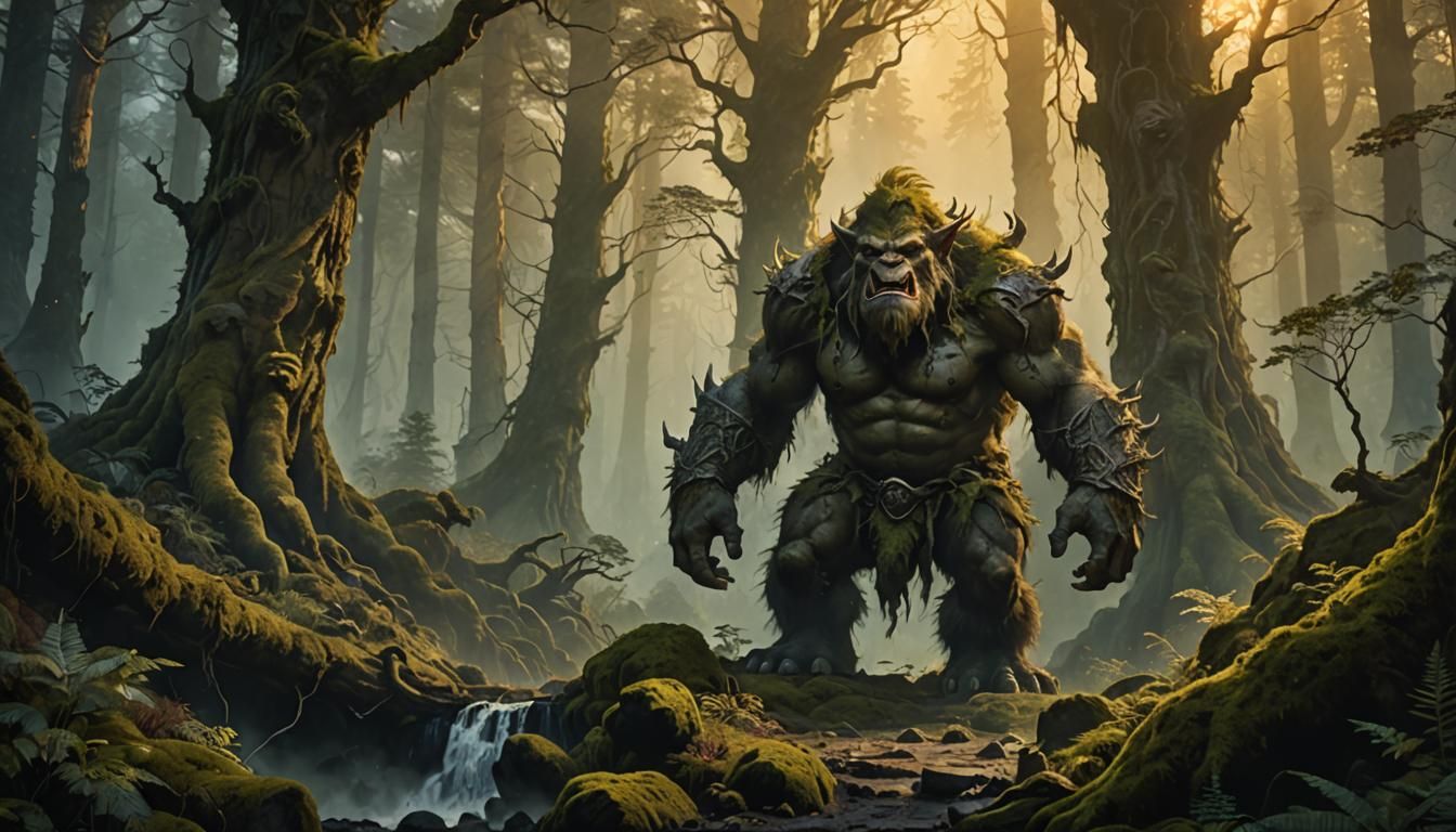 Fierce Mountain Troll in Misty Dark Fantasy Forest