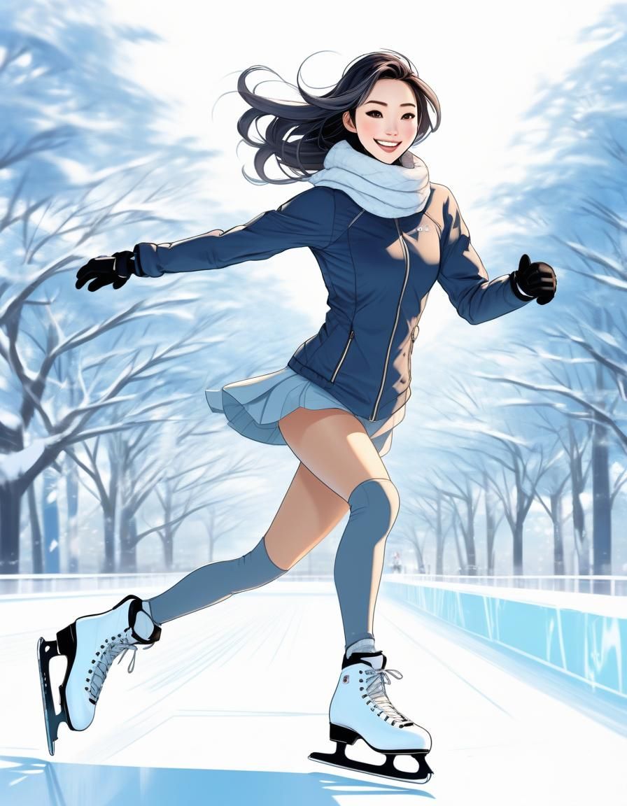 Anime Style Line Art of Ice Skating Woman