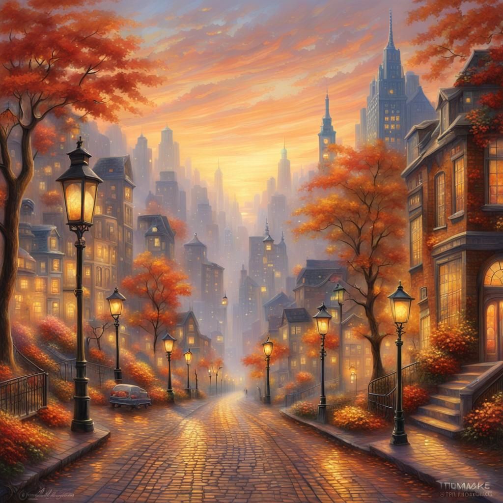City Street at Sunset in Ethereal Style