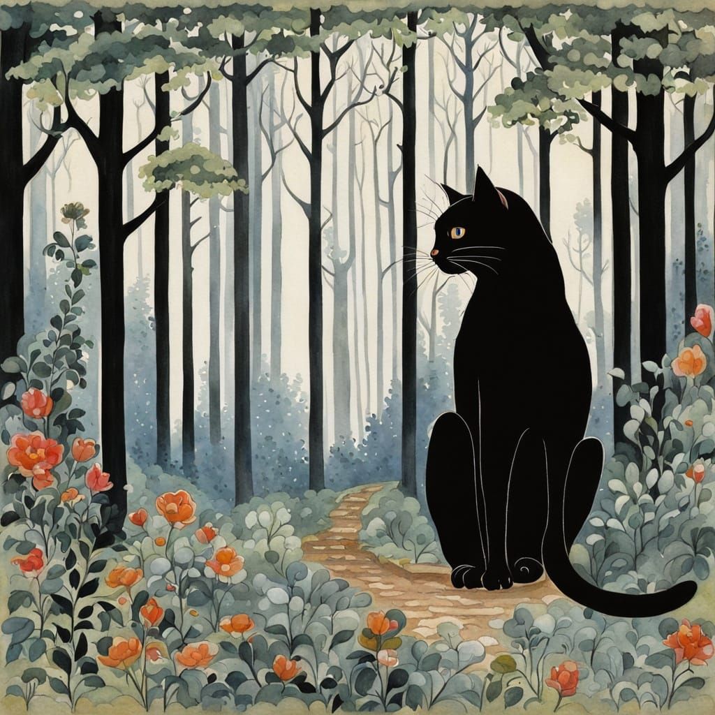 Fairytale Cat in Woods: Kay Nielsen Style
