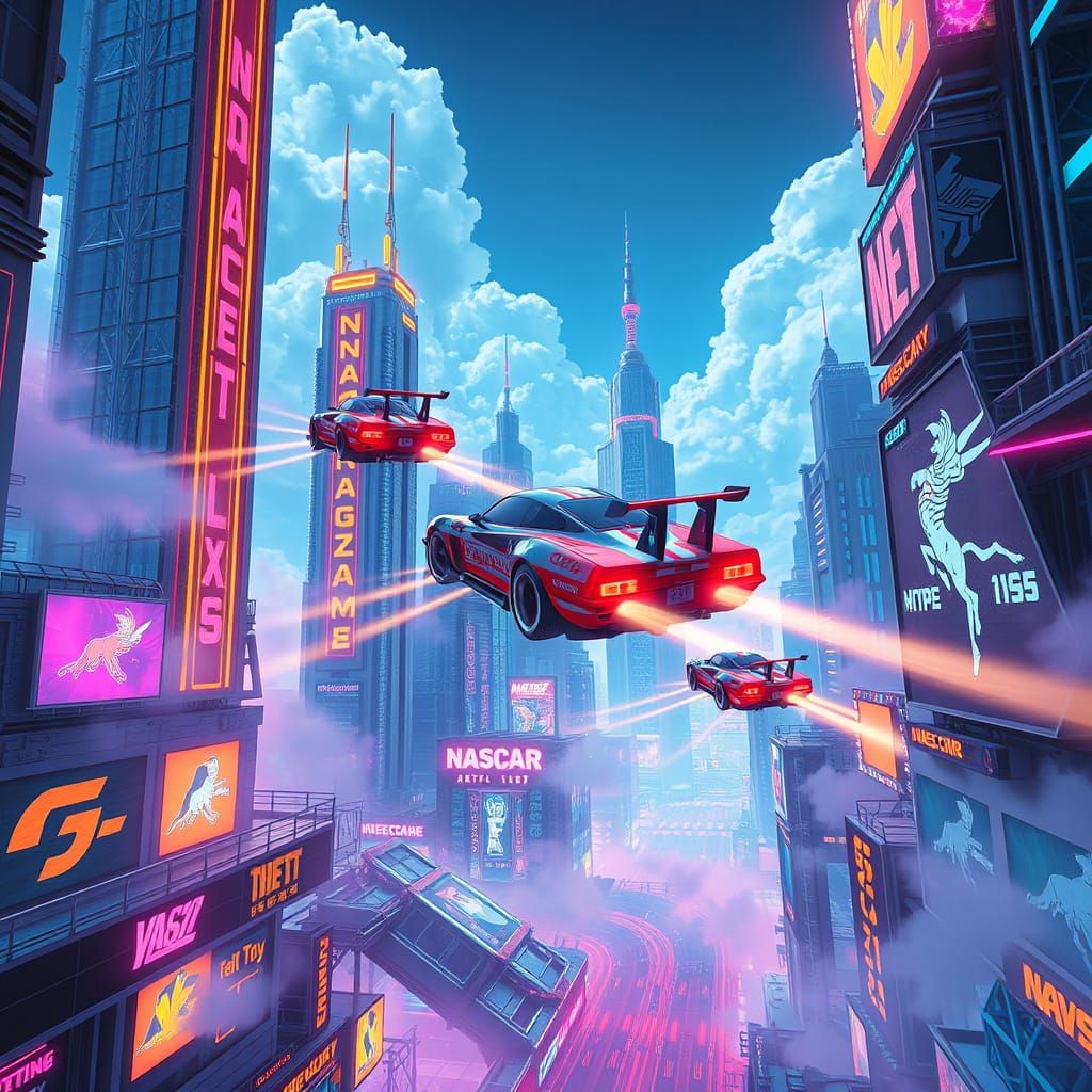 Futuristic NASCAR Vehicles Race Through Cloud City