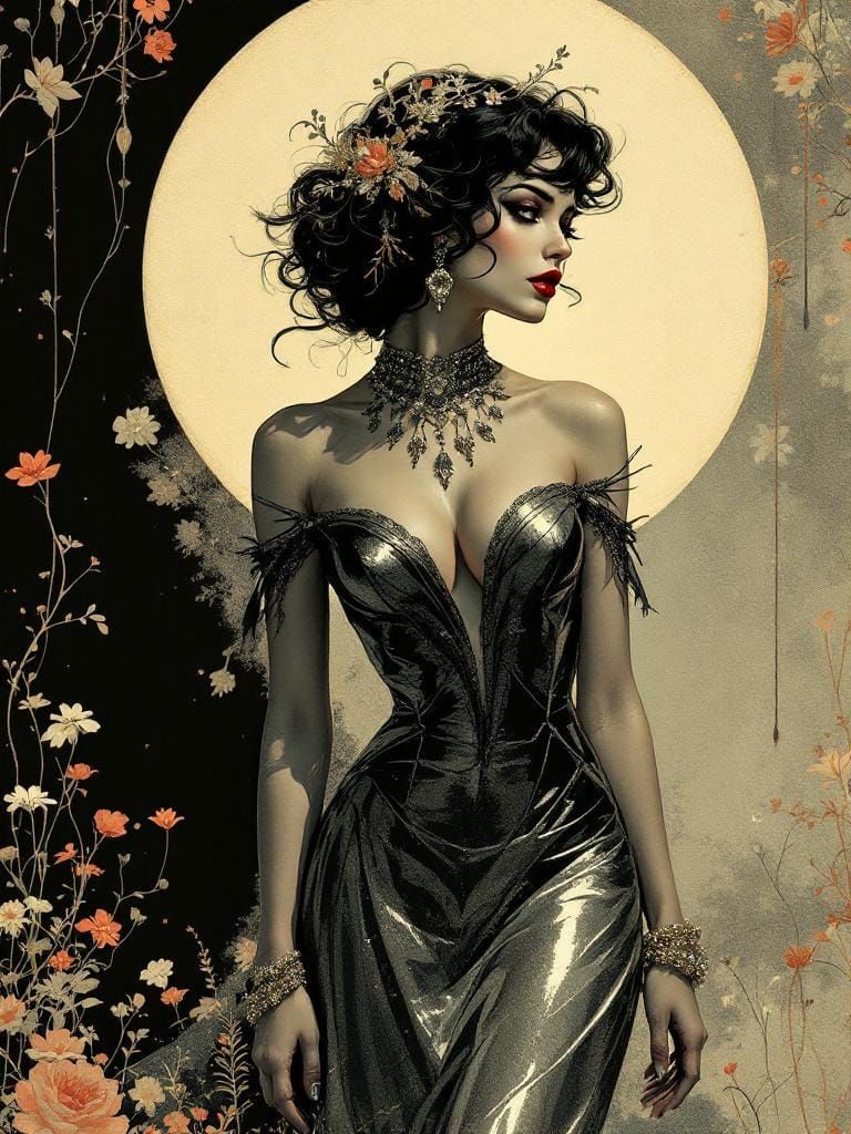 Italian Pin-Up in Beardsley and Dulac Style