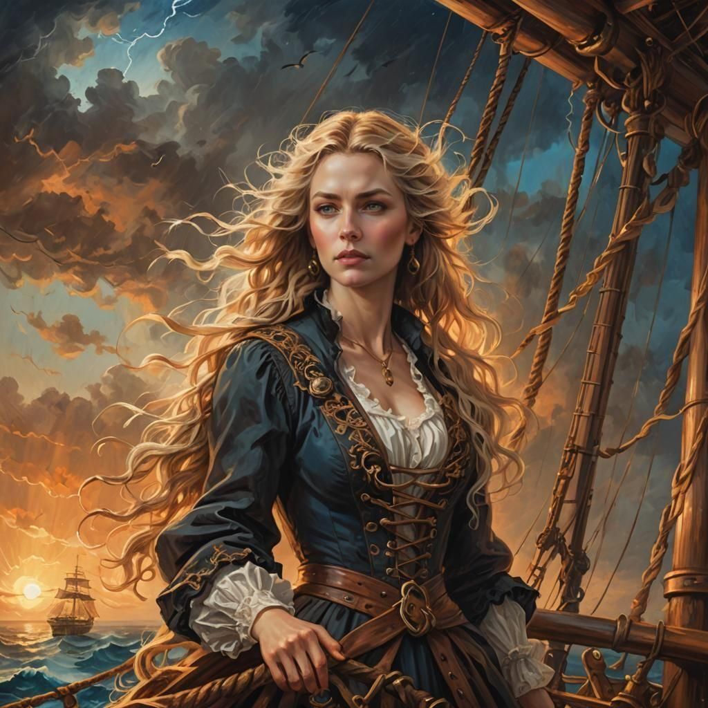 Fantasy Pirate in Stormy Seas Oil Painting