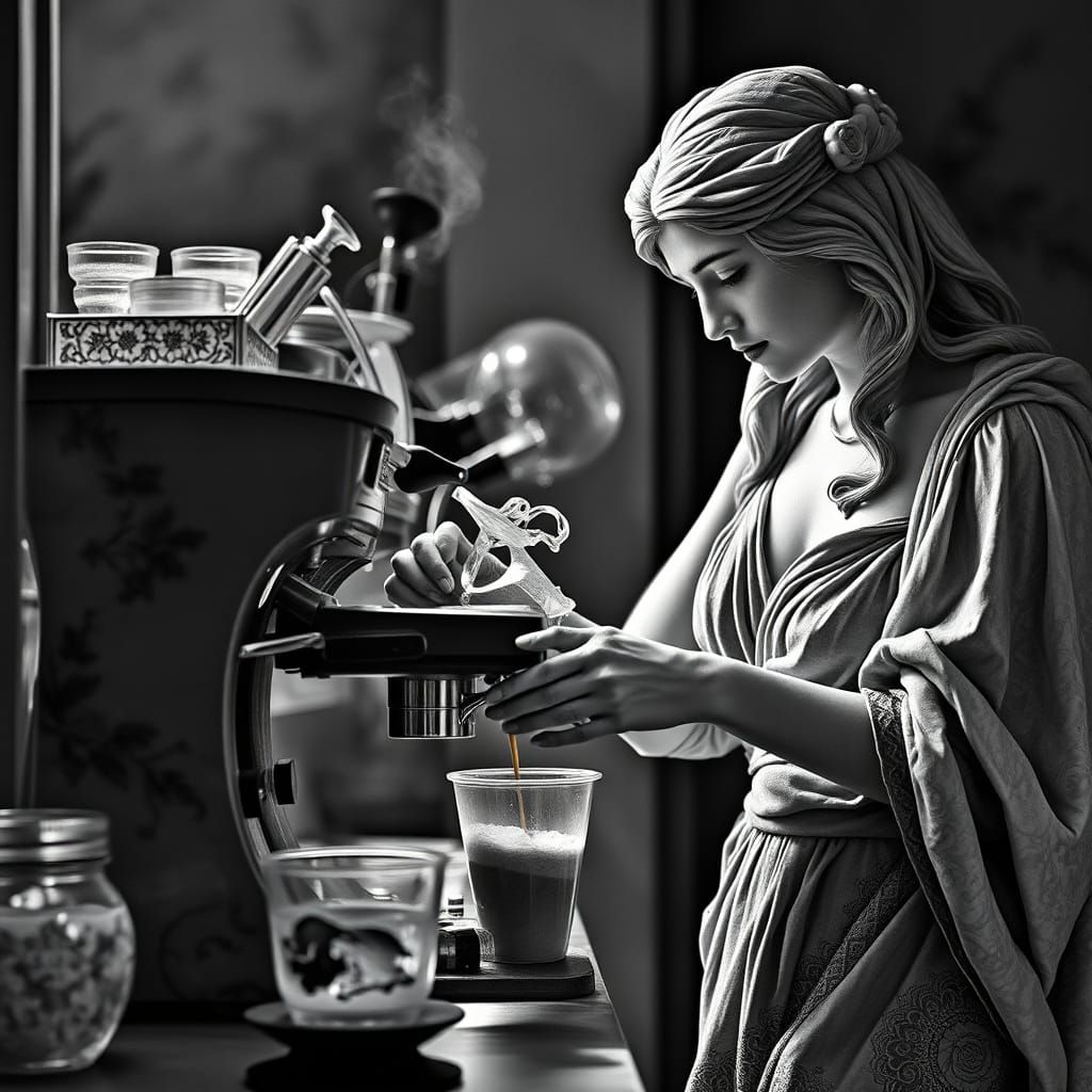Aphrodite Makes Coffee in Botticelli-Style Watercolor
