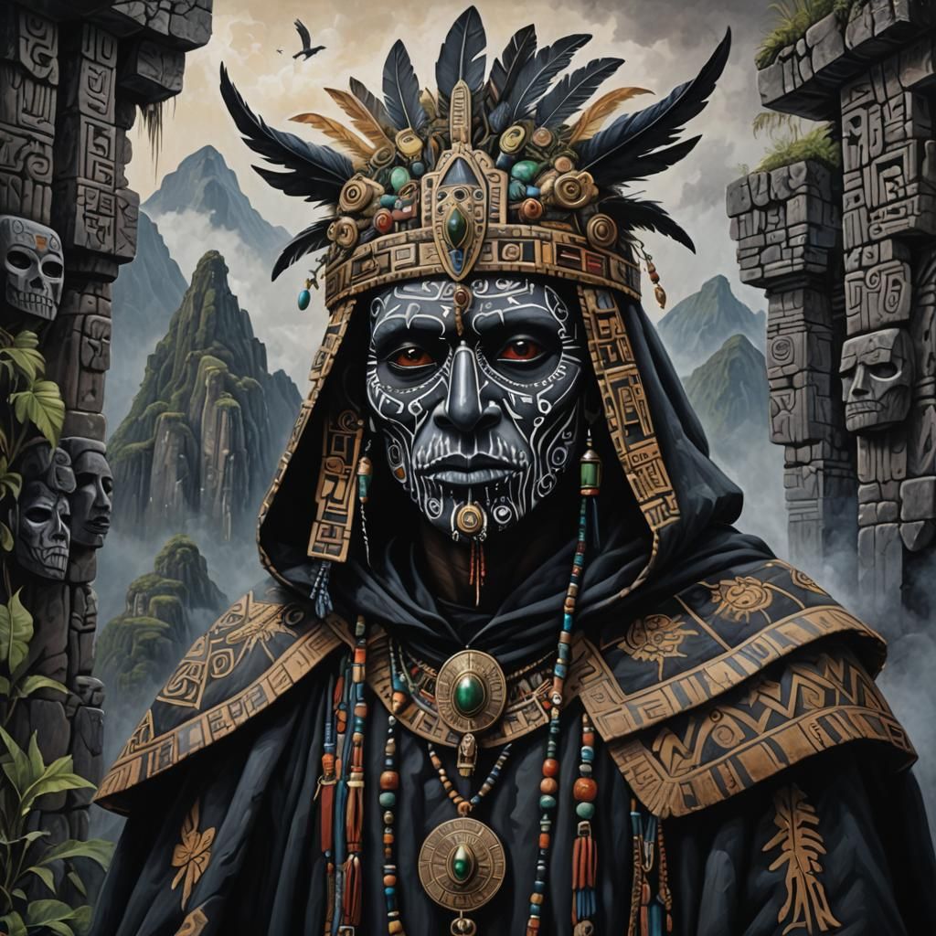 Incan Bird Priest with Mask in Dark Landscape
