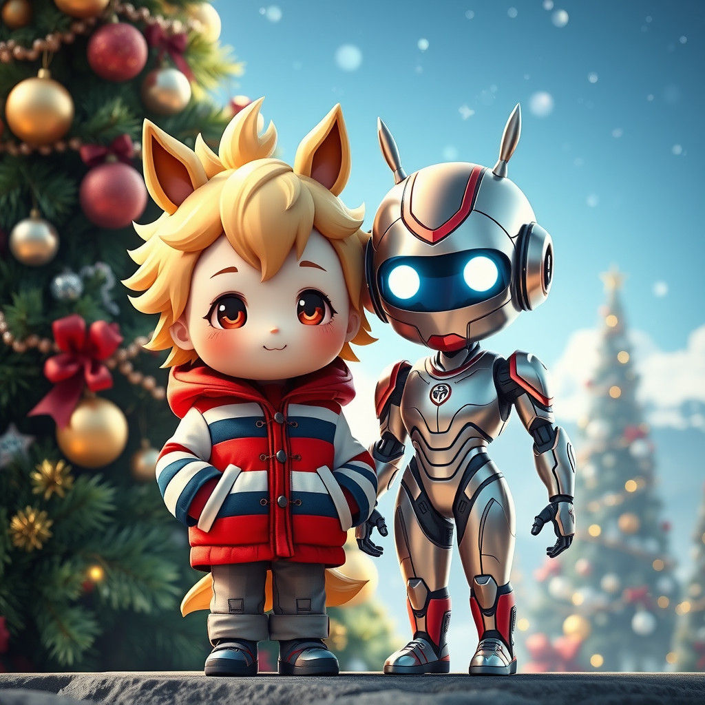 Chibi Boy and Robot Girl by Christmas Tree