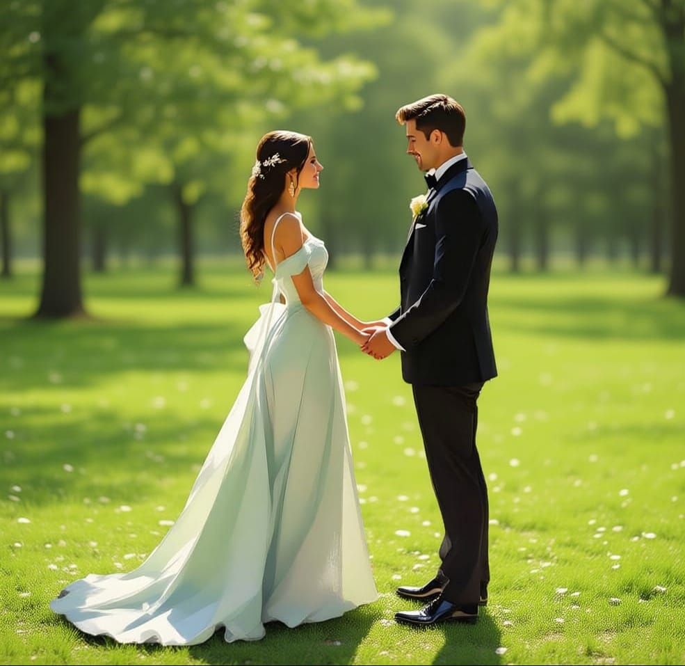 Couple Holding Hands In Black Suit And Green Dress
