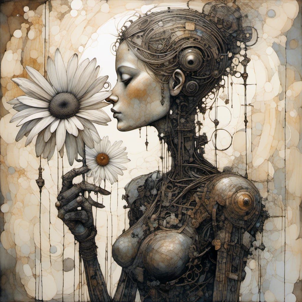Cyborg with Daisy in Dark Fantasy Style