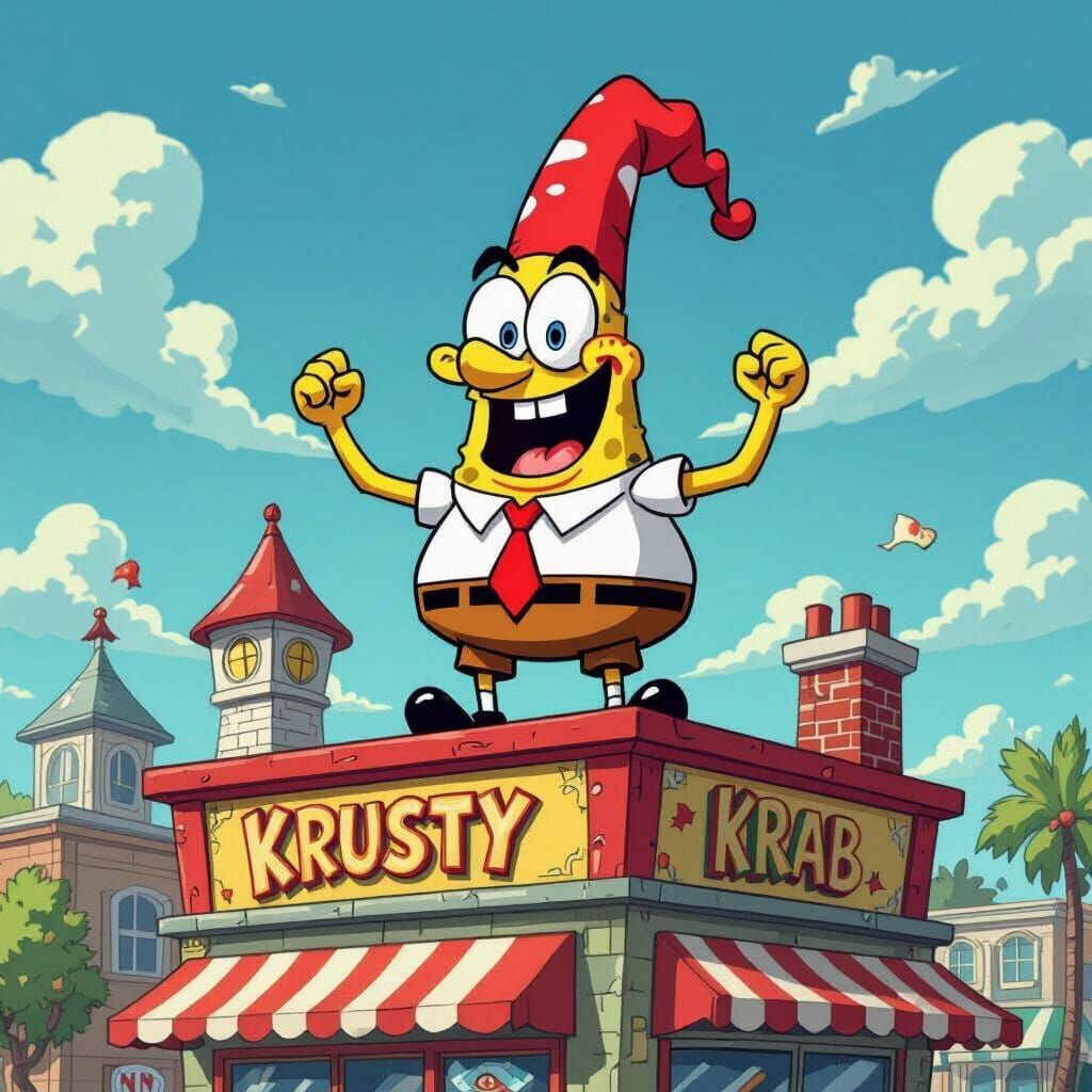 Mr. Krabs Triumphant on Krusty Krab Roof