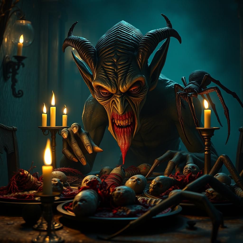 Grotesque Elf's Macabre Fairy Feast in Dark Fantasy Style